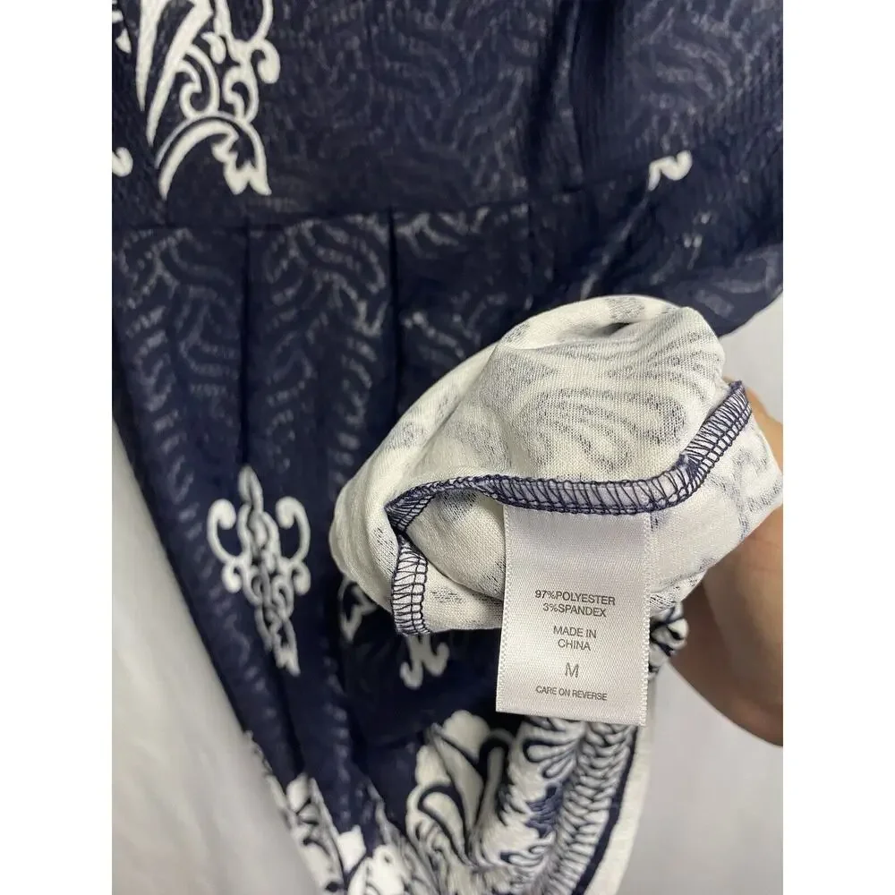 NWT New York & Company‎ Jacquard Floral Pleated Fit & Flare Dress Navy Medium